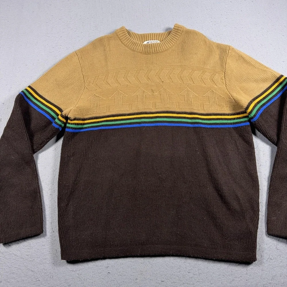 Vintage Silton Sweater Mens Medium Brown Tan Stripe Crewneck Knit Retro 80s‎